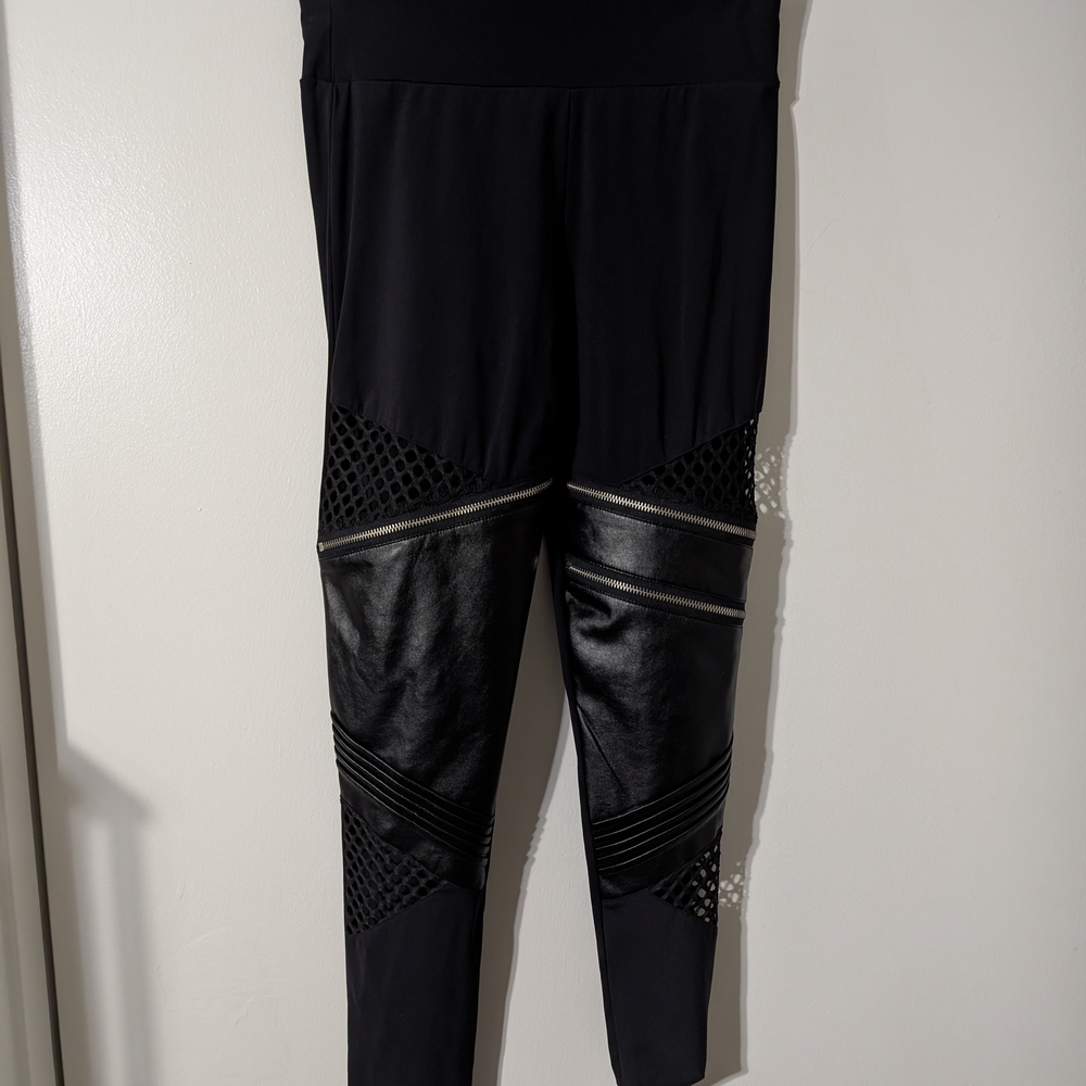 Killstar Black Leggings With Fishnet And Faux Leather Accents